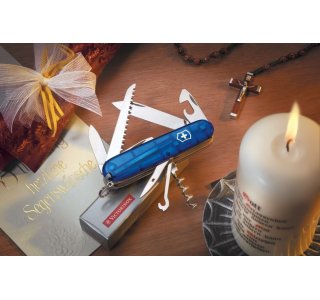 Victorinox Lommekniven Huntsman Transparent Blue i udfoldet tilstand